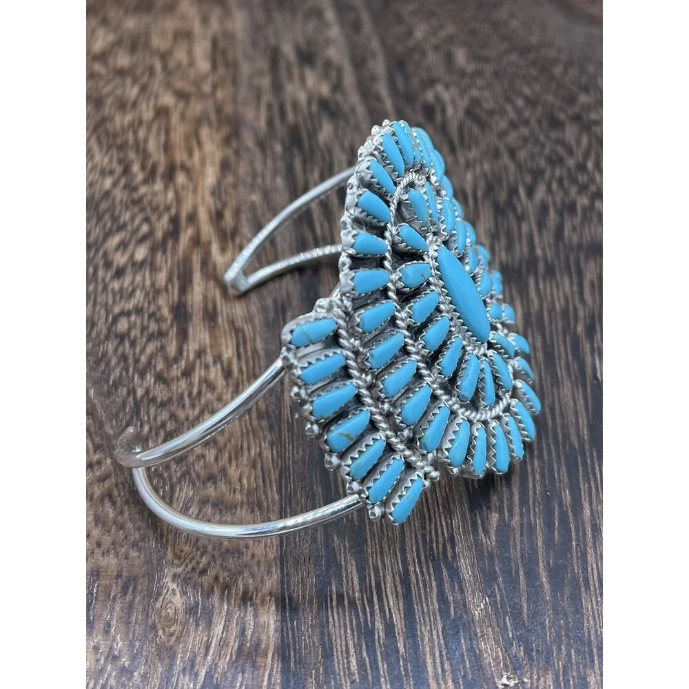 Native American Navajo Handmade Sterling Silver Turquoise Cluster Cuff Bracelet - Picture 3 of 5